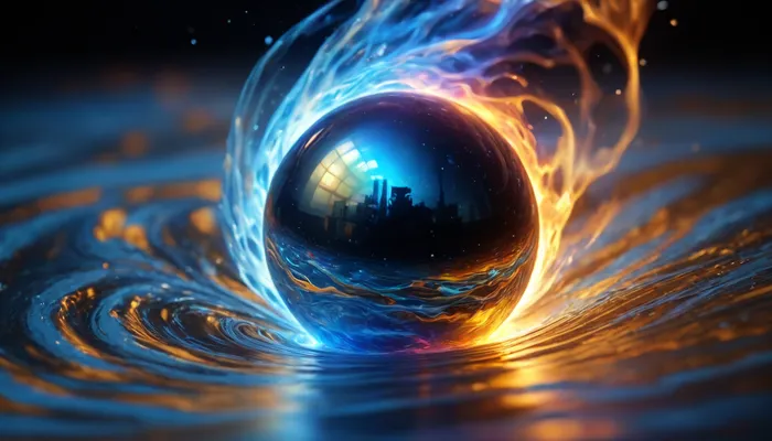 1, 4 d microscope macro zoom, many of in open space, orbit, (fire cube, fusion with wather sphere, swirl of energy, (blue waves, mirroring)), miracle, epic, glowing, (rainbow, white visible light), rainbow light gold, rainbow fire, rainbow air, rainbow earth