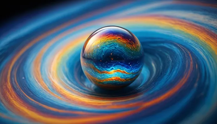 1, 4 d microscope macro zoom, many of in open space, orbit, (fire cube, fusion with wather sphere, swirl of energy, (blue waves, mirroring)), miracle, epic, glowing, (rainbow, white visible light), rainbow light gold, rainbow fire, rainbow air, rainbow earth