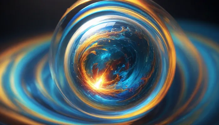 1, 4 d microscope macro zoom, many of in open space, orbit, (fire cube, fusion with wather sphere, swirl of energy, (blue waves, mirroring)), miracle, epic, glowing, (rainbow, white visible light), rainbow light gold, rainbow fire, rainbow air, rainbow earth