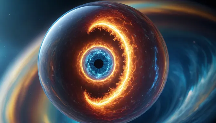 1, 4 d microscope macro zoom, many of in open space, orbit, (fire cube, fusion with wather sphere, swirl of energy, (blue waves, mirroring)), miracle, epic, glowing, (rainbow, white visible light), rainbow light gold, rainbow fire, rainbow air, rainbow earth