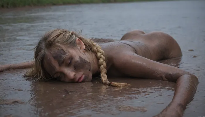 masterpiece, award winning photo, high detail, photo realistic, best quality, rainy, blonde german girl, braided hair, lies on back in puddle of mud, head on ground, (face down in mud), ((face half submerged in mud)), body covered in mud, mud on arms, mud in face, mud in hair, mud on legs, mud on feet, wide hips, big ass, side view