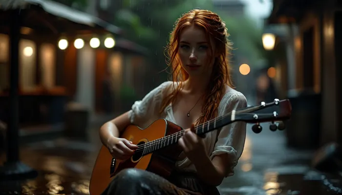 candid full body photo of a beautiful sexy very petite 33 year old redhead street musician, long braided wet ginger hair, perfect hands, perfect fingers, no makeup, freckles, skinny, small breasts, glasses, dressed in white bra, wearing an opened wet blouse, setting is a dirty alley at hard rainy day, sits on her guitar case, a tin can for coins stands on the ground in front of her, plays an acoustic guitar, (perfect acoustic guitar:1.3), silent smile, view from side and above, wet paving stones, puddles around her, thunderstorm, rain, many people walk past her in a blur, photorealistic, highly detailed, <lora:MJ52:2>, <lora:BUT_SDXL_SHS:2>, <lora:style_lora_realis:2>, <lora:attractive_notrigger:2>, <lora:dark:.1>