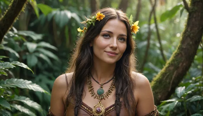 4d microscope macro, depth of field, fantastic dream world, (florering, blooming jungle, animals), fully clothed native american preist women 55 yo collecting wild flowering from lianas all around wild dense flowering jungle, lot of colors, clothed in elegant brown hunting leather expensive clothes, gold lingery, leather sandals, long black dread hair, wide green eyes, (smiling), full of wisdom.

35mm Vintage photo, light dense jungle, extremely realistic, birds in air, visible ligt of sun