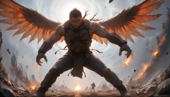 A man with wings and an eagle's head, a pumped-up torso, a body covered in protective gear, tattoos on his arms, legs, boots, and a military space uniform., <lora:fairytale_and_mythical_characters_r1:.8>, monster, <lora:Monster_XL_V2:.8>, rpgg, <lora:r8g:.8>, XUER, martial, arts, style, <lora:绪儿XL 武侠:.8>, XP, niji, <lora:Niji XL 动漫模型新境界_v1.0:.8>