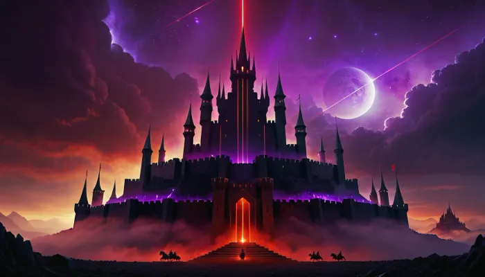 A colossal hexagonal hover-castle “Sternfest, (Star-Fortress), ” of the Malmeron Empire, hovering low over a misty battlefield, six towers at each hex vertex, low connecting walls forming a star-like fortress, tiered terraces with battlements, matte charcoal hull with electric purple, (#5B1E8A), and black/white vertical stripes, soft red glowing optics and energy lines, central black anvil emblem with two red glowing eyes, cinematic lighting, dust and heat shimmer around hover ducts, bold caption text centered at bottom, “MALMERON STERNFEST, (STAR-FORTRESS), ”, full Malmeran color scheme, Technicolor, Panavision, 75mm lens, sharp focus, fine detail, 8K, HDR, realistic film still, masterpiece cinematic composition, depth of field, dynamic angle, epic atmosphere, "Malmeran empire emblem, top half electric purple, band, bottom half 14 vertical stripes, (7 black, 7 white), stylized black anvil with two angular glowing red eyes centered, base touching boundary between purple and stripes, bold minimalist vector, clean lines, iconic emblem, centered composition", cinematic shot, dynamic lighting, 75mm, cinemascope, fine details, 8k, realism, realistic, key visual, film still, cinematic color grading, n absolute world-class cinematic masterpiece. It's an aesthetically pleasing cinematic shot with impeccable attention to detail and impressive composition., concept art, digital art, illustration, inspired by wlop style, sharp, very detailed, high resolution, world-class masterpiece.