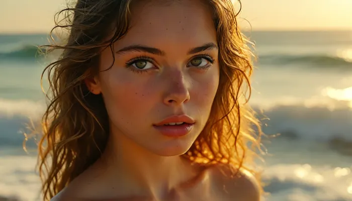confident erotic expression, sunlit ocean waves sparkling in background, bright clear sky, golden sunlight casting natural shadows, cinematic perspective, vivid HDR, tack sharp, ultra-detailed skin pores and textures, vibrant natural colors, perfecteyes, <lora:MJ52:1.3>, <lora:BUT_SDXL_SHS:2>, <lora:Sweaty_Realism_4-000006:2>, <lora:LeanWithArmUp.1.0:1.8>, <lora:lora-sdxl-perfect-eyes:1.1>