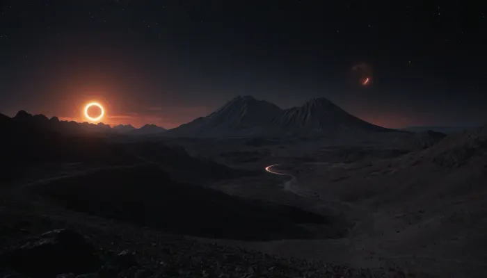 Sharp mountains, spiral galaxy in the sky, high mountains, the height of the mountains is 20 kilometers, huge sharp stones, lava slowly flows from the mountains, lava streams, huge moon, several moons, rings of Saturn, bright stars, black sky, huge crater, rocky field, sharp mountains, there is no one around, no girls, no people, no animals