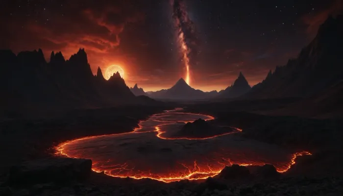 Sharp mountains, big lake of lava, spiral galaxy in the sky, high mountains, the height of the mountains is 20 kilometers, huge sharp stones, lava slowly flows from the mountains, lava streams, huge Jupiter with moons, several moons, galaxy, bright stars, dramatic sky, huge crater, rocky field, sharp mountains, there is no one around, no girls, no people, no animals