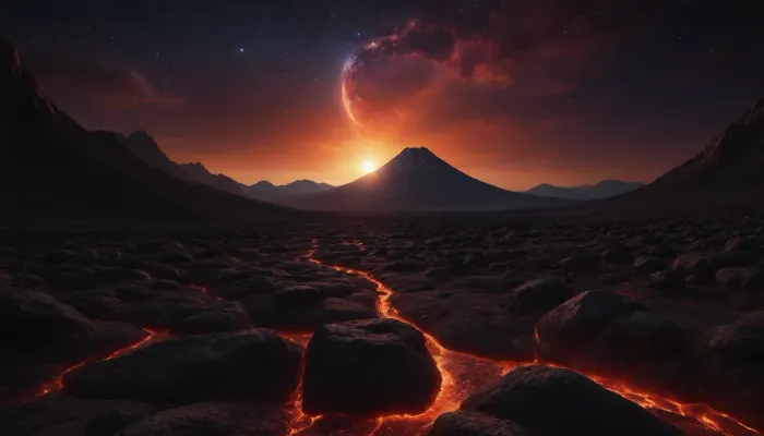 4d makro, Sharp mountains, big lake of lava, spiral galaxy in the sky, high mountains, the height of the mountains is 20 kilometers, huge sharp stones, lava slowly flows from the mountains, lava streams, huge Jupiter with moons, several moons, galaxy, bright stars, dramatic sky, huge crater, rocky field, sharp mountains, there is no one around, no girls, no people, no animals