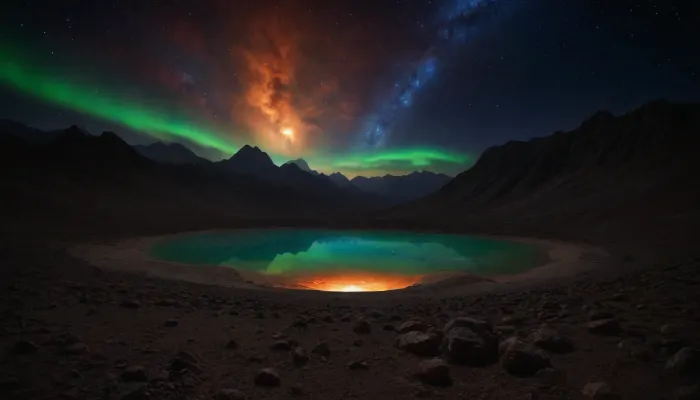 space dream, unreal dramatic green clouds of gas, no limits, 4d makro, Sharp mountains, big lake of plasma, spiral galaxy in the sky, high mountains, the height of the mountains is 20 kilometers, huge sharp stones, blue and orange plasma slowly flows from the mountains, glow plasma streams, huge Jupiter with moons, several moons, galaxy, bright stars, dramatic sky, huge crater, rocky field, sharp mountains, there is no one around, no girls, no people, no animals