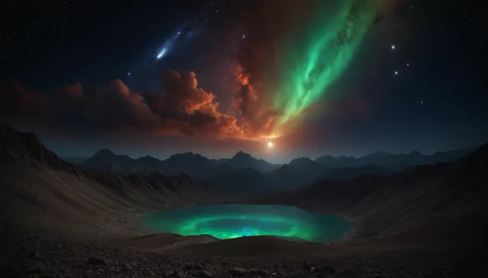 space dream, unreal dramatic green clouds of gas, no limits, 4d makro, Sharp mountains, big lake of plasma, spiral galaxy in the sky, high mountains, the height of the mountains is 20 kilometers, huge sharp stones, blue and orange plasma slowly flows from the mountains, glow plasma streams, huge Jupiter with moons, several moons, galaxy, bright stars, dramatic sky, huge crater, rocky field, sharp mountains, there is no one around, no girls, no people, no animals