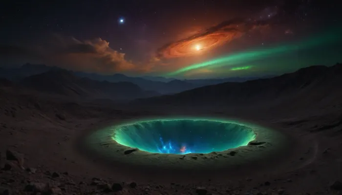 space dream, ufo, unreal dramatic green clouds of gas, no limits, 4d makro, Sharp mountains, big lake of plasma, spiral galaxy in the sky, high mountains, the height of the mountains is 20 kilometers, huge sharp stones, blue and orange plasma slowly flows from the mountains, glow plasma streams, huge Jupiter with moons, several moons, galaxy, bright stars, dramatic sky, huge crater, rocky field, sharp mountains, there is no one around, no girls, no people, no animals