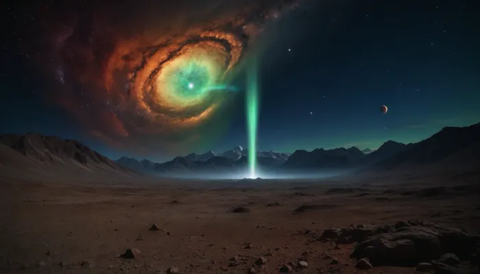 space dream, ufo, unreal dramatic green clouds of gas, no limits, 4d makro, Sharp mountains, big lake of plasma, spiral galaxy in the sky, high mountains, the height of the mountains is 20 kilometers, huge sharp stones, blue and orange plasma slowly flows from the mountains, glow plasma streams, huge Jupiter with moons, several moons, galaxy, bright stars, dramatic sky, huge crater, rocky field, sharp mountains, there is no one around, no girls, no people, no animals