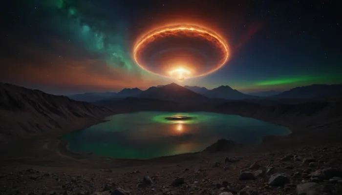 space dream, ufo, unreal dramatic green clouds of gas, no limits, 4d makro, Sharp mountains, big lake of plasma, spiral galaxy in the sky, high mountains, the height of the mountains is 20 kilometers, huge sharp stones, blue and orange plasma slowly flows from the mountains, glow plasma streams, huge Jupiter with moons, several moons, galaxy, bright stars, dramatic sky, huge crater, rocky field, sharp mountains, there is no one around, no girls, no people, no animals