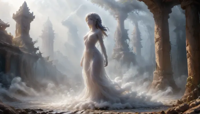 (masterpiece, best quality, ultra-detailed, cinematic lighting, 8k), upper body shot, (Ethereal marble Venus sculpture made of fog:1.2), stretching, myst, dissolved silhouette, curving hips and draped hair made of fog, translucent particles glowing with dawn light, volumetric atmosphere, detailed marble texture, artistic macro photography, shallow depth of field, minimalist composition, (pale gold and pearl color palette), dark ancient museum background, chiaroscuro, (sculpture made of fog:1.3), in the style of MarbleStatueXL, msfg, sm0k3dr3ss, <lora:fog_creatures_v4:.8>, <lora:Smoke_Shesh_Dress_XL:.8>, <lora:MJ52:.8>, <lora:MarbleStatueXL:.8>