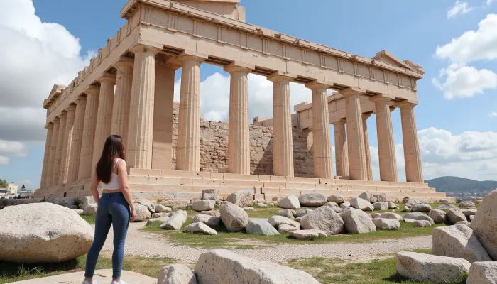 (high-quality photo:1.2), a young woman strolls through the ruins of the Acropolis, looking at the Parthenon, (ancient architecture:1.3), Acropolis, Athens, (wide angle view:1.1), summer day, midday light, blue sky with white clouds, (bright and fresh:1.1), (natural light:1.2), grass, historical ruins, detailed background, realism, architectural masterpiece, (natural bright colors:1.1)