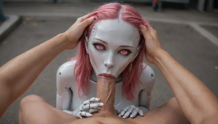 (Masterpiece), sexy bald robot is sucking a huge human dick, deepthroat, oral sex, pumping, head pull, (full robotic girl), hyper robot, robotic head, robotic face, robot girl, robotic glowing eyes, detailed hands, detailed fingers, pov, pink hair, (B3YOND_STYLE_MECHA), <lora:Face_Robotics_sdxl:2>, <lora:EnvyMechaGirlXL01:2>, <lora:b3yond_style_mecha_2000_lora_f32:2>, <lora:SexyRobots-XL:2>
