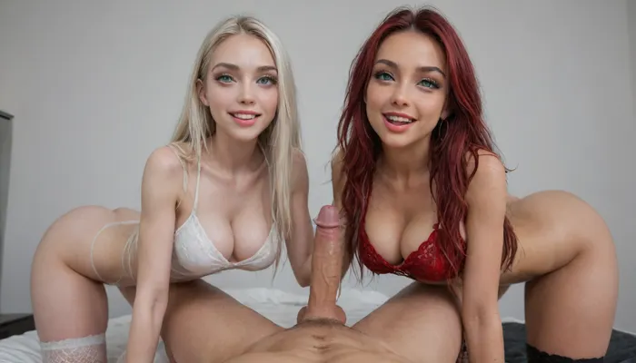 multiple 18 year old girls, sexual pose, POV oral sex, ((cute:1.5)), 8k, straight bright red hair, blown out hairstyle, big hair, ((long hair:1.5)), ((fit thin thighs:1.5)), thick hips, ((muscular)), ((skinny waist)), (skinny:1.5), evil look, wide angle lens, thin defined legs, diamond shaped face, dimples, (pale white skin:1.7), posing naked, thick black eye liner, (breasts:1.8), ((black eyeshadow)), (Deep cleavage:1.8), open mouth smile, ((large eyes:1.1)), bolt on tits, (big fake tits:1.8), ((Perfect breast:1.8)), ((perfect tight ass)), legs spread out, perfect blue eyes, ((bright glowing teal eyes)), ((large perfect lips:1.1)), flashing tits, perfect dark makeup, dark red lipstick, dark eye shadow, black fishnet stockings, sex harness, body portrait, DDD perfect perky breast's, small nipples, (thigh gap), bent over, fishnet and lace, posing in front of a white backdrop, arched back, oiled skin, red lipstick, oily body, exposed tits, (thigh-high fishnet stockings), (shaved pussy), <lora:breasts_slider_v10:1>, <lora:rknArouseXL:.8>, look, at, my, prompts, <lora:SDXL_Sevenof9_7th_NSFW:.8>