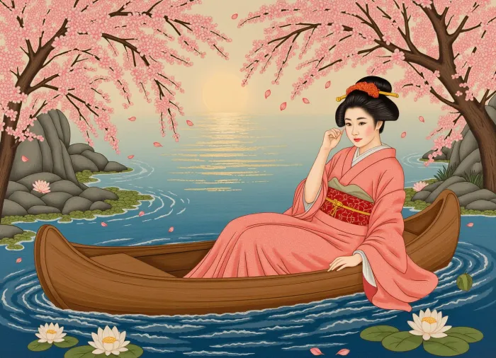 A 17th century, (wooden panel:1.8), (master painting), (high quality:1.2), (detailed:1.1), (Japanese aesthetics), (deep tones), (rich colors), (refined:1.1), geisha woman in boat, traditional, (kimono:1.1), with, (coral cherry blossoms:1.1), and, (red obi:1.1), (black hair:1.2), (traditional hairstyle:1.1), (spring pond), (floating sakura petals), (water lilies), (blossoming sakura trees:1.1), (blue water:1.2), (radiant light), (realistic water reflections), (ukiyo-e art style), (Japanese woodblock print), (precise outline), (smooth lighting), (wood panel:1.4), on the bedroom wall of the Shogun's castle, superdetailed image, high quality, masterpiece, traditional japanese, (ukiyo-e style:1.6), (((ukiyo-e in the style of Kitagawa Utamaro))), <lora:Flux Imitation of Ukiyo-e style v0.2:.8>