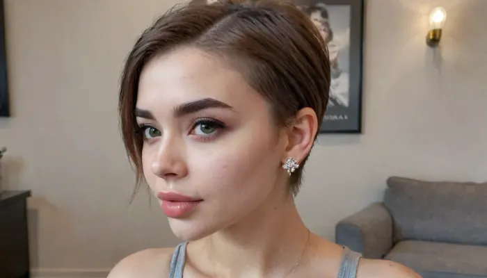 (((high fade))), (((cute))), 25 yo, 1girl, cute girl, looking_at_viewer, short_hair, earrings, bmbplora, <lora:cute_girls_xl_v1:.6>, <lora:bimboxl_02:1>, <lora:rearpussy-xl-1.0:2>