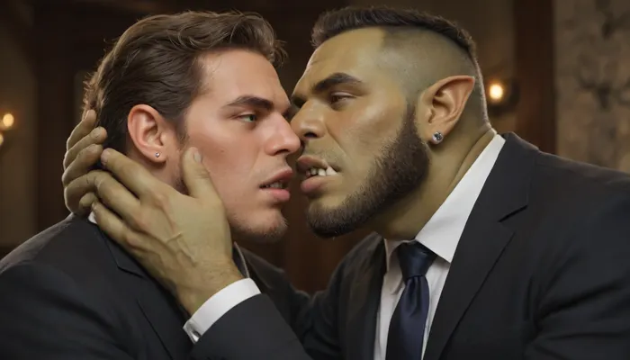 Green skinned orc man. Orc tusks. Well dressed. In a black suit. Pointed ears. Non-human. Older. Green skin. Orc. Green flesh. Lawyer. Green pigment. Tusks, Monster. orc, man. Orc mouth. Fully dressed. Court room., dress shirt. Tie. Tusked lower teeth. Fangs. Green skin. Pointy teeth. Oversized tusks. Green hands. Green face. Brown hair. Kissing a man. Gay kiss. Two men. Orc and human., <lora:orc_man:.8>, <lora:Kissing:2>, lips touching. Gay. Beards