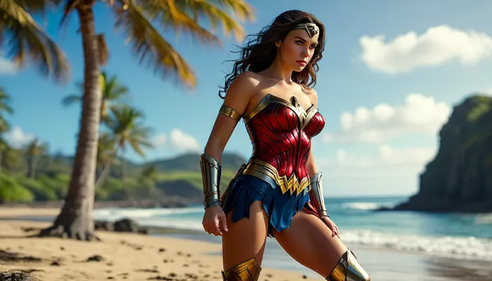 Create an image, (view of full body), of *Wonder Woman* in her classic WWII-era costume, a red, gold-breasted armor top with a prominent eagle emblem, 36DD breasts, showing deep cleavage, blue skirt, red high heel wedge boots. Confident expression, looking at viewer with her light blue eyes. Include her golden tiara and silver bracelets., Sitting on a Hawaiian island beach with clear blue skies., <lora:MJ52:2>, <lora:add-detail-xl:2>, <lora:BUT_SDXL_SHS:.3>