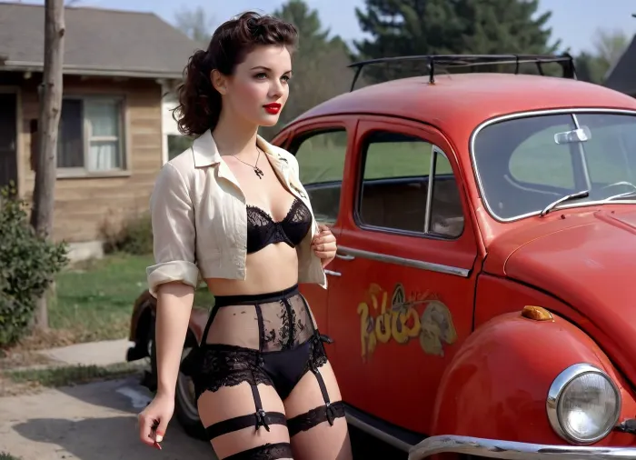 (((1950 pinup style))), (((standing by a 50's VW Beetle side view))), painted style, outdoors, jacket open to show large cleavage, 1950s casual short skirt, 1950’s woman fashion, windy upskirt, skirt lifted by yhe wind, pantyless, hairy pubis exposed, hairy bush in full view, no underwear, painted, watercolor, black lace stockings and garter belt, Caucasian woman, curly messy ponytail, Ad, Americana, Style, vintage, advertisement, retro, 1950's, 1950s, photography, Movie, Poster, page, h41ry, <lora:1950s_Photography_XL_V1:1.8>, <lora:Movie Poster:1.5>, <lora:MJ52:2>, <lora:add-detail-xl:2>, <lora:h41ry:.8>