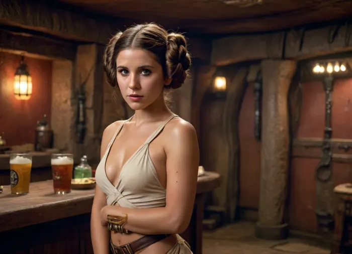 ultra-realistic, 4K HD, thin 25-years old woman, detailed face, detailed hair, dressed as Princess Leia slave, full body view, in Jabba the Hut tavern