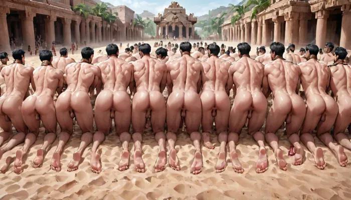 6boy, scene in ancient Rome, sandy and dusty place in a small road, six man 21yo crawling on all fours, seen from behind, view from behind on penis and ass, all fully naked, tall, slender, black hair, they are led on a leash by their owner, Ass, view, <lora:MaleAssViewV2:2>, <lora:realistic_male_ass:2>