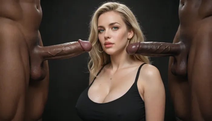 white woman, (milf:1), blonde hair, green eyes, nsfw, black spandex top, massive breasts with hard nipples under the shirt, looking suprised and in shock at a massive cock of a black african male in front of female, gigantic thick 25 inch penis, huge erection. sqeezing his testicles, black room, black background.