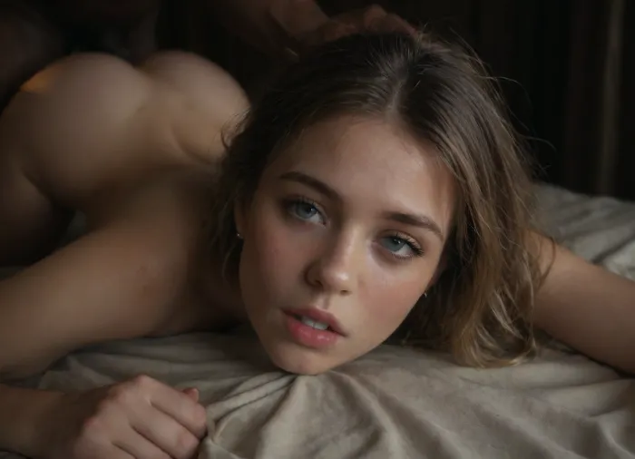 intimate photo, homemade, nocturnal scene, (night time:1.4), shy 18 yo girl, blonde, youthful face, third Asian, third African, third European, mixed race, anal, fucked for hours, fucked in all holes, messed up makeup, slim body, slapped buttocks, slapped on face, bbc, interracial, beautiful innocent big eyes, insanely adorable, cute, gorgeous, light freckles, (her face and expression showing a mix of submission and ecstasy and exhaustion), slight eye roll, big round athletic ass, half open eyes, luscious sensual lips, natural beauty, eternal beauty, ageless beauty, prone bone, moaning, sweaty, drooling, biting the bed sheet, creampie, waist, hourglass figure, dick in her ass, fucked in the ass, (holding head with hand), 3/4 view, full body view, full body shot, front view, ((close view of face)), moonlit, ultra detailed, masterpiece, hyper realistic and detailed faces and emotions, <lora:Facials:.5>, <lora:dark:.5>