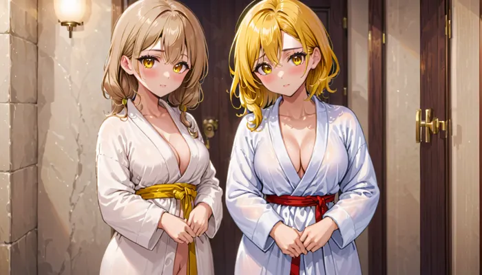 Shy girl next door with perfect huge tits. Long light brown hair with golden highlights. Wearing white bathrobe, view to the front