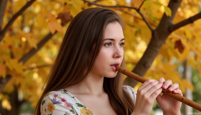 Photorealism, photorealistic, realistic, {35-year-old woman with loose hair against a backdrop of leaves flying everywhere, playing the flute, holding it with her hands and touching it with her lips in a whirlwind of leaves}, vivid, highly detailed, ultra-realistic, cinematic lighting, 8K