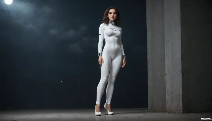 A beautiful curve woman of about forty, wearing white spandex catsuit. She stands in the huge futuristic airopotr. A black sky and a large moon is visible outside the big windows. She wears stiletto heels. The NASA logo is on her shirt. She has long dark hair and heavy makeup. A scar on her face. Looking side and down. Labia is visible through leggings., (Wide metal collar), (metal cuffs on the arms and legs)
