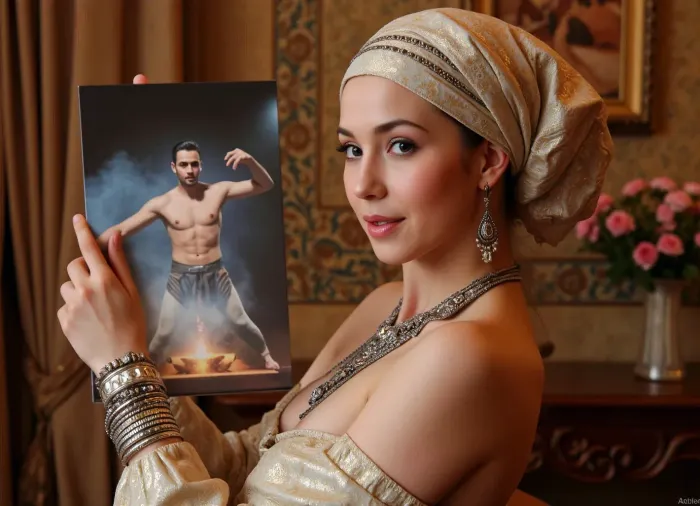 Photorealistic, photorealistic, realistic, {beautiful, oriental in a turban and jewelry, dressed in brocade, with beautiful intelligent eyes, Scheherazade reads fairy tales against the backdrop of an oriental palace! double exposure, (picture in picture), (genie flying out of the lamp), as if flying out of a book, (double exposure), }, vivid, highly detailed, ultra-realistic, cinematic lighting, 8K