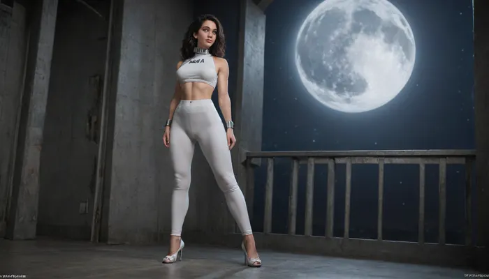 A beautiful curve woman of about forty, wearing white spandex catsuit. She stands in the huge futuristic airopotr. A black sky and a large moon is visible outside the big windows. She wears stiletto heels. The NASA logo is on her shirt. She has long dark hair and heavy makeup. A scar on her face. Looking side and down. Labia is visible through leggings., (Wide metal collar), (metal cuffs on the arms and legs)