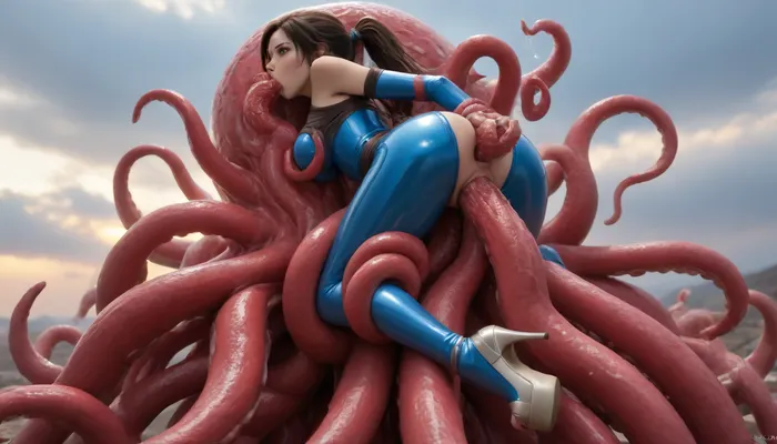 (Anime:1.5), (Woman suspended high off ground from octopus:1.5), (woman restrained and suspended from octopus:1.5), (woman’s body upright on top of octopus with her legs bound and spread:1.5), (octopus wrapped completely around front side of her body restraining and suspending her:1.5), (arms and legs entirely restrained by octopus:1.35), (carry_sex:1.5), (Highest detail:1.35), (extreme thick cum dangling from woman’s face and anus:1.35), (Triple penetration:1.5), (photorealistic face), photorealistic, (looking back over her shoulder face in view:1.35), (octopus slug wrapped completely around woman fucking anus:1.35), (octopus ponycock fucking woman's throat and anus balls deep:1.35), (colossal glowing yellow octopus slug), glowing yellow octopus and tentacles, (mounting over her:1.35), (octopus wrapped around front of her with ponycock in her anus:1.35), enormous fat hyper octopus over woman fucking her anus, (Enormous octopus slug wrapped around her body fucking her anus), (her arms and legs restrained), side angle view, (octopus ponycock in her ass:1.35), (octopus wrapped completely over front of woman), (anal penetration), octopus smothering woman, impregnation, (tight anus stretched with ponycock), (Extremely beautiful young woman:1.5), (lara Croft from tomb raider), (Extremely long hair), (long ponytail:1.3), (perfect body), high detail face, (extremely beautiful young face), (colossal fat hyper octopus fucking her mouth anus and pussy with ponycocks), fucking woman’s asshole, (triple penetration:1.35), (sucking ponycock:1.35), (deepthroat ponycock:1.35), throatfucked, (colossal thick coned ribbed ponycocks), swollen ponycocks, colossal cone shaped pony tentacles, (extremely hyper disgusted shocked facial expression:1.5), side angle view, clinging to her chest, (wrapped around her hips), fucking her tight asshole, (tight sky blue latex bodysuit:1.35), (on top woman’s stomach fucking downwards in her anus:1.35), octopus fucking tight anus, tight asshole stretched by ponycock, full body view, (impossible fit), (woman's ass lifted upwards:1.5), (enormous thigh high light yellow fluffy platform heels:1.35), woman sweaty, tears, skinny woman, woman gagging on cock, sweaty, (woman covered with gooey cum), (squealing while throatfucking ponycock:1.5), testicles touching her, (extreme thick loads of gooey lumpy cum dangling from her anus and face:1.35), (woman's ass and face covered with extreme loads of thick lumpy cum), (extreme thick loads of lumpy cum dangling from her mouth and anus:1.35), (wasp waist), (skinny), (hourglass body), (High, Resolution), (More, Details), (8K), shocked, nonplussed, <lora:checkpoint-e100_s400:2>, <lora:aesthetic_anime_v1s:2>, <lora:EnvyGoddessXL06:2>, <lora:shocked:2>, <lora:EnvyBeautyXL12:2>