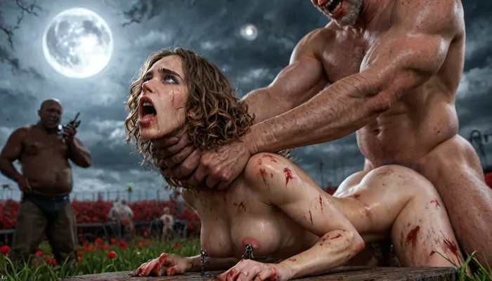 ((crying alot:1.165)), extremely shy, 1 girl, 8 old men, ((5 dirty old fat men gangrape girl:1.24)), ((view from the side)), ((brutal sex:1.3)), ((extremely rough pounding)), ((forceful)), (in a bloody field after a battle, white full moon in the sky:1.4), (man is choking her from behind:1.6), ((hogtied, bound with large chains, tied to a torture table:1.18)), ((((12 giant african muscular men:1.4)), (interracial sex), ((anal fuck 1.5)), (big white cocks, muscular white old men gangbang, 6 large muscular old men, gargantuan old men cocks, anal sex expansion, large hyper muscular old men men, old men group sex gangbang, (old men gangbang sex), swollen white veiny cocks), (double anal penetration), hardcore double penetration, many men filming her with cellphones laughing, anal sex expansion, large hyper muscular fat old men, (double anal sex), (double anal penetration:1.4), hardcore double penetration, proper physics, muscular white old men double anal gangbang)), (forceful penetrations), UHD, 8k wallpaper, (maximum quality:1.5), (ultra high resolution:1.7), (masterpiece:1.5), (full body view), award winning photo, (Extreme:1.45), (insanely detailed:1.24), (realism:1.24), (realistic:1.7), (hdr:1.4), hyper-detailed realistic body, hyper-detailed realistic face, (warm ambient light:.5), (dark shadows:1.4), (inside torture chamber), Princess Merida disney princess very skinny body, 18 years old, gigantic penis, gigantic cock, ripped outfit, (gangbang), (triple_penetration), (medium_breasts), ruined black makeup, runny makeup, (big brown eyes), eyelashes, exhausted ecstatic expression, staring into the camera, ((Hyper realistic)), (ultra HD image), 8k, super high quality, super high resolution, extremely detailed, perfect face, perfect eyes, 10 black cocks cumming, receiving a non-consensual deep deepthroat and bukkake blowbang, her cheeks are tear-stained, crying, running makeup, sweaty skin, (excessive cum:1.12), (cum on face), (cum on body), (Cum in hair), photorealistic cum, thin runny cum, thick chunky cum bukkake, unwanted bukkake, 4boys, 5boys, 6+boys, multiple black men, Transparent Liquid, gangbang, orgy, penis, cum, cumbath, black_dicks_everywhere, drooling cum, multiple black cock cumming on face, drenched in cum, 10 black cocks surrounding face, 10 massive black cocks, extremely graphic, shocked expression, beautiful hands, massive cum in ass, (eyes wide open in horror:1.72), (wide mouth spreader:1.8), (pleading expression:1.56), (terrified:1.48), (crying:1.148), (fear and panic:1.56), (pulled nipple clamps:1.4), (anal spit roast:1.12), (large massive cock in mouth:1.12), deep anal penetration, (very high view:1.12), (dynamic pose:1.12), (dynamic angle), (random angle), (detail Hermione Granger:1.32), (detail Hermione Granger face:1.16), <lora:LCMTurboMix_Euler_A_fix:2>, <lora:detailed_notrigger:2>, <lora:photorealistic_portrait_notrigger:2>, <lora:JuggerCineXL2:2>, <lora:CinematicStyle_v1:2>