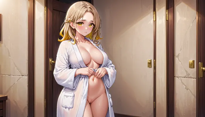 Shy girl next door that is secretly thick as hell with a round ass and perfect huge tits. Long light brown hair with golden highlights. Wearing white bathrobe, view to the front