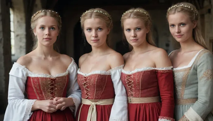 3 beautiful ladies. 3 women from Denmark in traditional danish dresses, medieval dress, half naked.