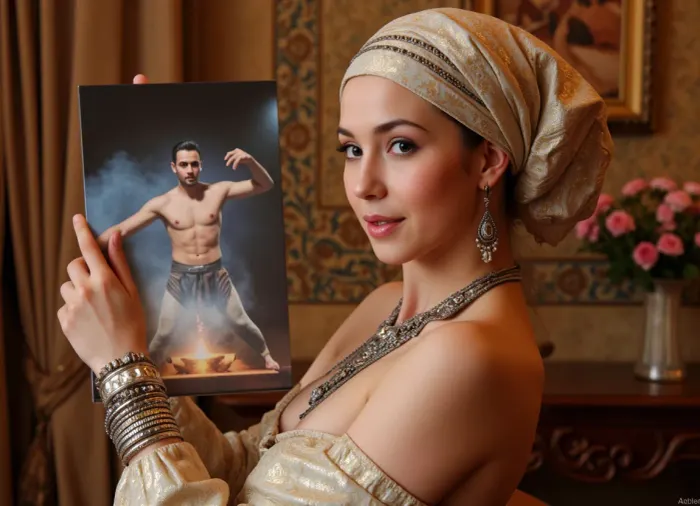 Photorealistic, photorealistic, realistic, {beautiful, oriental in a turban and jewelry, dressed in brocade, with beautiful intelligent eyes, Scheherazade reads fairy tales against the backdrop of an oriental palace! double exposure, (picture in picture), (genie flying out of the lamp), as if flying out of a book, (double exposure), (picture in picture), }, vivid, highly detailed, ultra-realistic, cinematic lighting, 8K