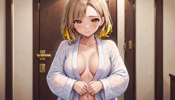 Shy girl next door, she has perfect huge tits. Long light brown hair with golden highlights. Wearing white bathrobe, view to the front