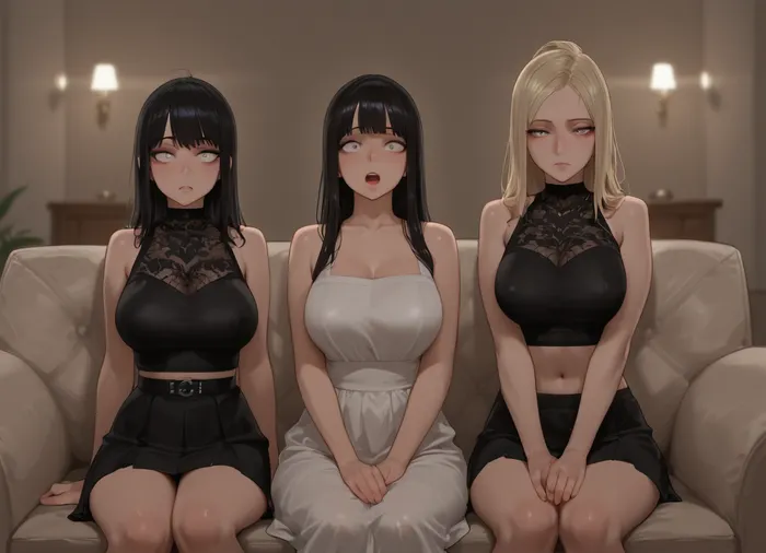 Three hypnotized girls on a sofa, the first girl is goth, the second woman is a MILF wearing a summer dress and an apron, and the third girl is wearing a skimpy club outfit with a crop top and a skirt. Straight rigid sitting position, realistic proportions, open mouth, empty white eyes, hypnosis, mind controlled, brainwashed, (Three women:1.2), fully covered chest, white, sclera, eyes, glowing, <lora:white sclera v2:1>