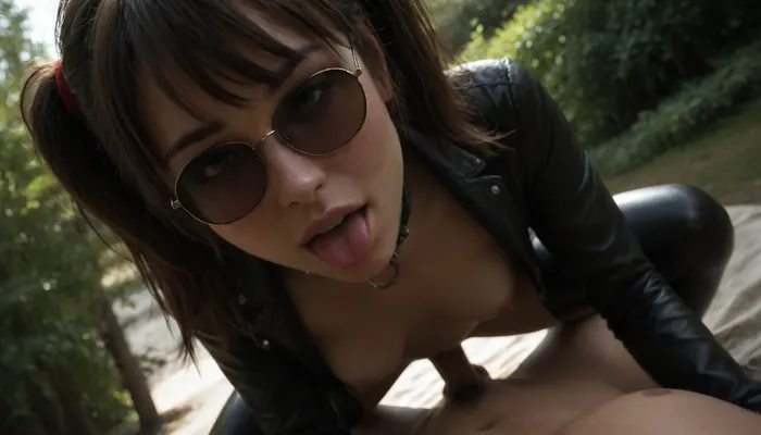 (Close-up), 19 years old, at picnic, outdoors, (wear open leather jacket, animal collar, belt, latex stockings, largue black gloves, sunglasses), masterpiece, naked, explicit, (perfect body), close to viewer, hug at viewer, my pov, squat, viewer hands, viewer grab nipples, leaning forward, riding, looking at viewer, cowgirl, riding penis, grinding, long dark hair, twintails, red headband, hair between eyes, fringe hair, (ahegao eyes), black cabie hat, eyelashes, (female orgasm, body spasming, back arching), pubic hair, smile, open mouth, natural medium breasts, giant breasts, ((very sweaty)), larguenipples, (slightly opened mouth), legs spread, visible pussy, in luxurious bed, sunlight, (Dynamic angle:1.5), Full body in Frame, top View, best quality, amazing quality, high contrast, intricate details, view from top, photorealistic, org4smic, <lora:dark:.1>, <lora:org4smic_sdxl:2>, <lora:Sweaty_Realism_4-000006:1.1>