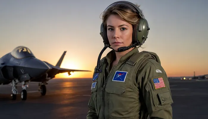 A female elite test pilot of the Chilean Air Force, firm expression, stands confidently on the tarmac before her first solo flight in the F-35C Lightning II under a golden sunset. She wears an F-35 Gen III helmet with HMDS, raised visor, oxygen mask hanging, a sage-green CWU-107/P Nomex flight suit with patches, anti-G suit, survival vest, and harness. Wind caresses her hair. Open cockpit behind her. On the General Ford aircraft carrier, MSR in the background, aerial view from landings looking down. Wide shot of the woman and aircraft with sunset. Cinematic hyperrealism 8k, ultra-sharp details, realistic textures and reflections, aerial view, female pilot full body, F35 fighter jet, aircraft carrier, sunset, day, night