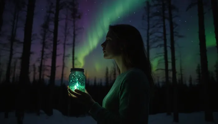 A mystical forest at twilight, tall trees silhouetted against a fading sky. In the clearing stands a young beautiful woman, holding a glass jar in her hands. Inside the jar, vibrant northern lights swirl and shimmer in shades of green, purple, and blue, casting ethereal light across her face and the surrounding forest. Above her, the night sky is filled only with countless stars, no auroras, creating a stark contrast between the cosmic stillness above and the magical glow within the jar. The atmosphere is surreal and cinematic, blending realism with fantasy, hyper-detailed, soft twilight lighting, magical realism style, 8K ultra-realistic.