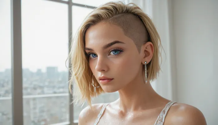 Blonde, bobcut, pointy nose, blue eyes, looks like Alexis Texas