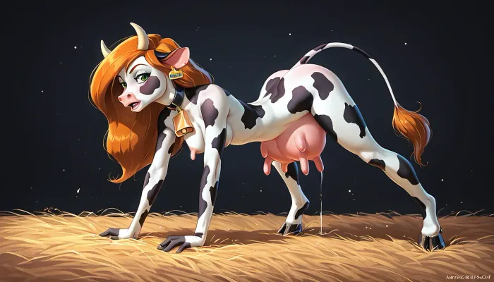 (anthro Style, cow, Kim Possible), very flat breasts, small udders, standing on all fours, standing on one's feet