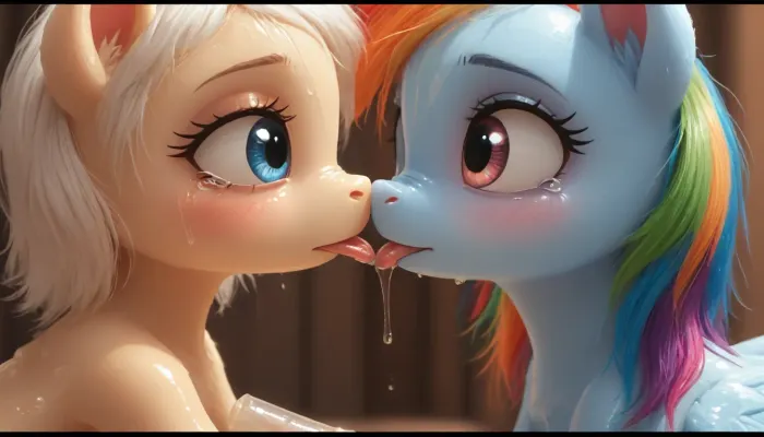 (Jack Cayless art style), Rainbow Dash from "My Little Pony", pony body, translucent skin, furry, sex, fertilization, tears, small little penis, lubricant, full side view, <lora:SlimeGirl:2>