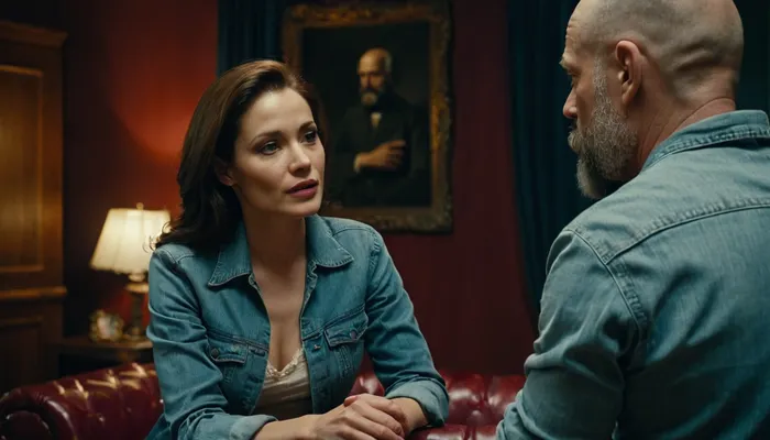 “beautiful prostitute speaking with A 58-year-old handsome man, nearly bald, 3day bearded, Jeans, T-shirt, first time in his life at a brothel. realistic style.”